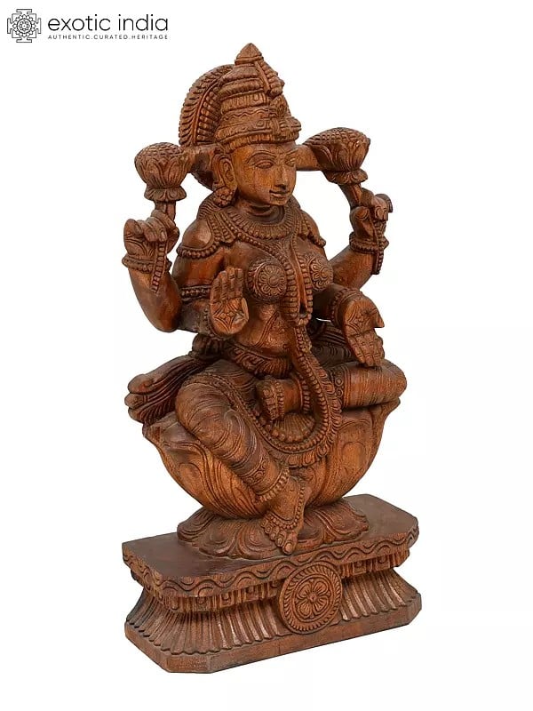 Exotic India 24" Blessing Goddess Lakshmi Seated On Lotus | Wood Carving 