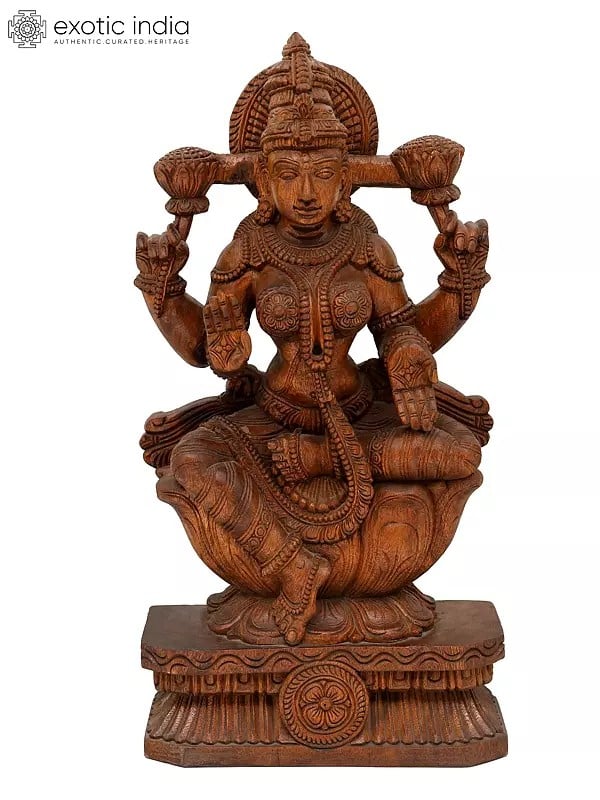 exotic india 24" Blessing Goddess Lakshmi Seated on Lotus | Wood Carving 