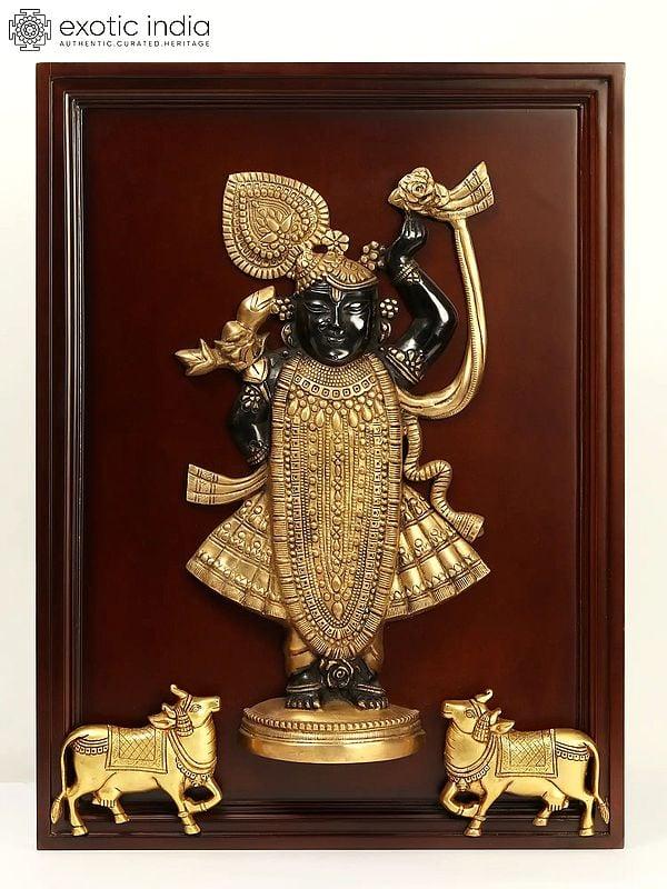exotic india 24" Brass Shrinath Ji In Wooden Frame | Wall Hanging 