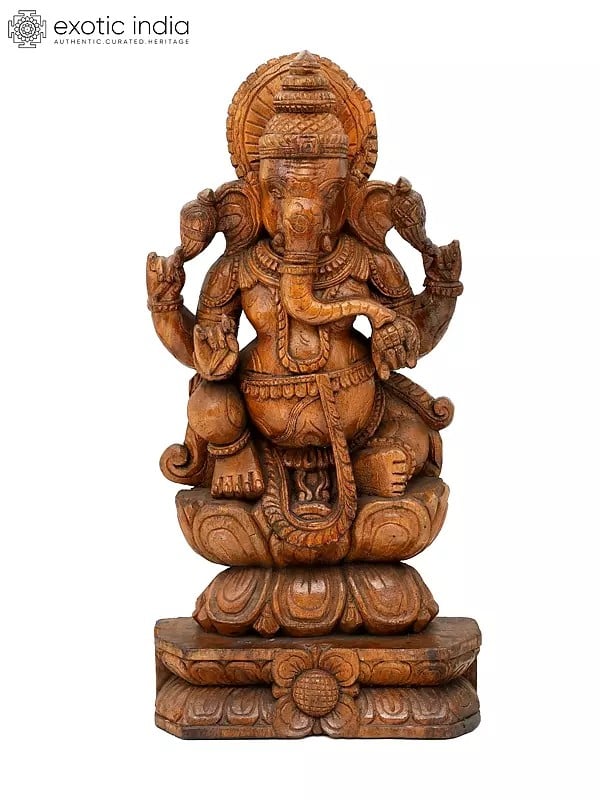exotic india 24" Chaturbhuja Lord Ganesha Seated on Lotus | Wood Carving 