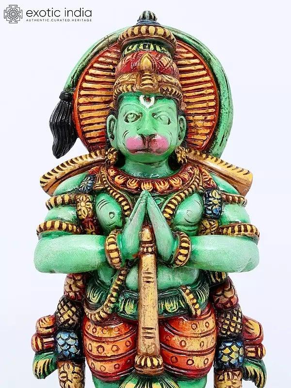 Exotic India 24" Colorful Fine Standing Lord Hanuman In Namaskar Mudra | Wood Carving 