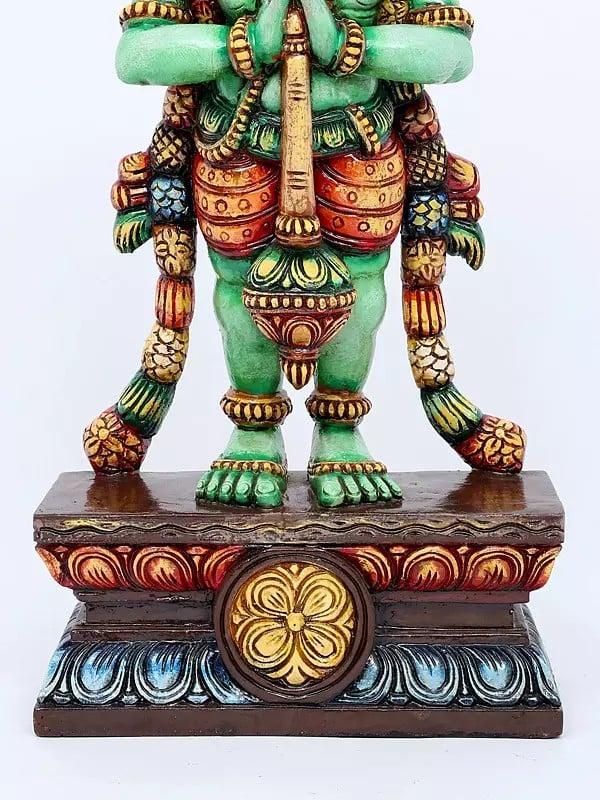 Exotic India 24" Colorful Fine Standing Lord Hanuman In Namaskar Mudra | Wood Carving 