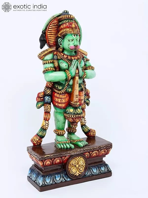 Exotic India 24" Colorful Fine Standing Lord Hanuman In Namaskar Mudra | Wood Carving 