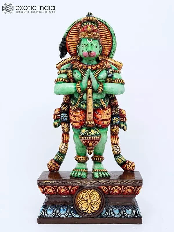 exotic india 24" Colorful Fine Standing Lord Hanuman in Namaskar Mudra | Wood Carving 