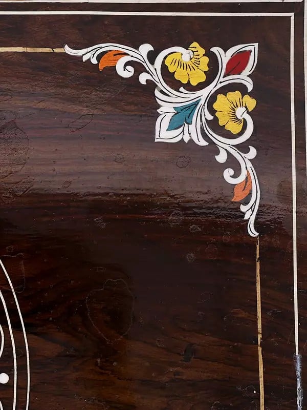 Exotic India 24" Designer Wooden Chowki/Pedestal With Inlay Work 