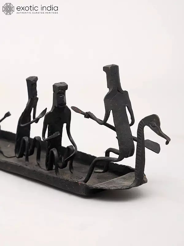 Exotic India 24" Dhokra Tribal Boat With Rowers | Decorative Table Piece 