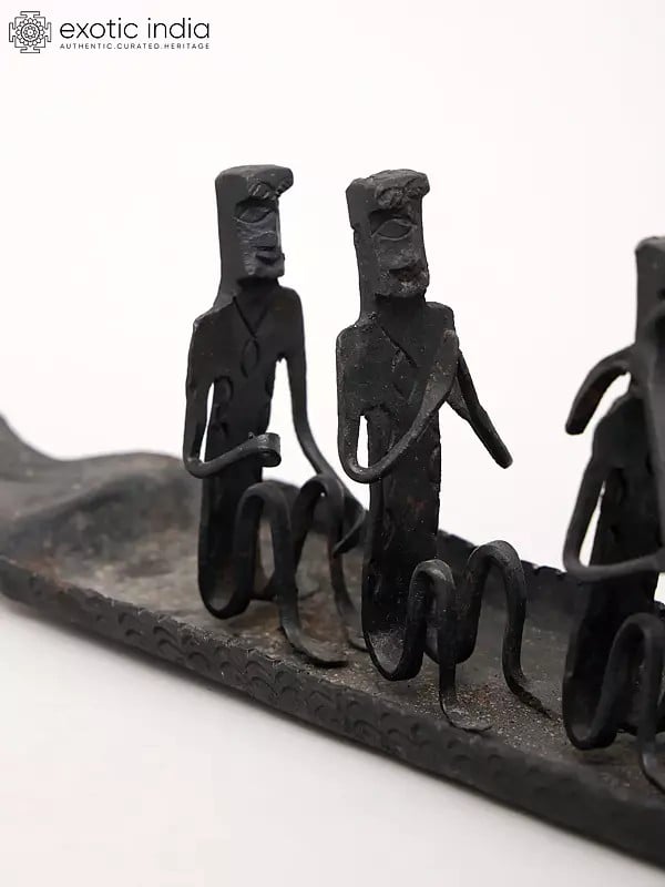 Exotic India 24" Dhokra Tribal Boat With Rowers | Decorative Table Piece 