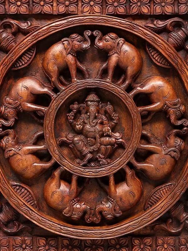 Exotic India 24" Four Armed Lord Ganesha Panel With Elephants | Wood Carving | Wall Hanging 