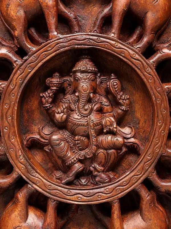 Exotic India 24" Four Armed Lord Ganesha Panel With Elephants | Wood Carving | Wall Hanging 