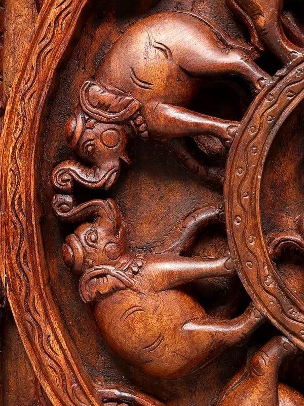 Exotic India 24" Four Armed Lord Ganesha Panel With Elephants | Wood Carving | Wall Hanging 