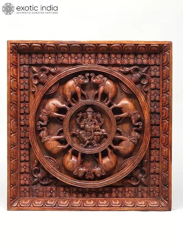 exotic india 24" Four Armed Lord Ganesha Panel with Elephants | Wood Carving | Wall Hanging 