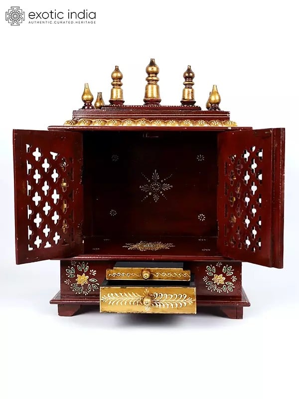 Exotic India 24" Hand-Painted Designer Temple With Double Doors | Wall Hanging