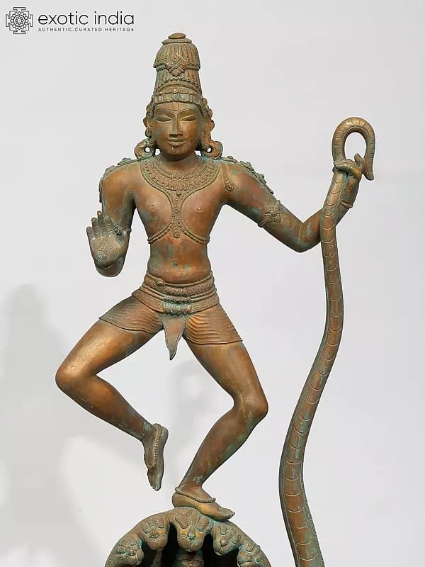 Exotic India 24" Lord Krishna Subduing Kaliya | Madhuchista Vidhana (Lost-Wax) | Panchaloha Bronze From Swamimalai 