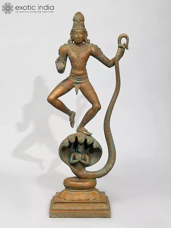 exotic india 24" Lord Krishna Subduing Kaliya | Madhuchista Vidhana (Lost-Wax) | Panchaloha Bronze from Swamimalai 