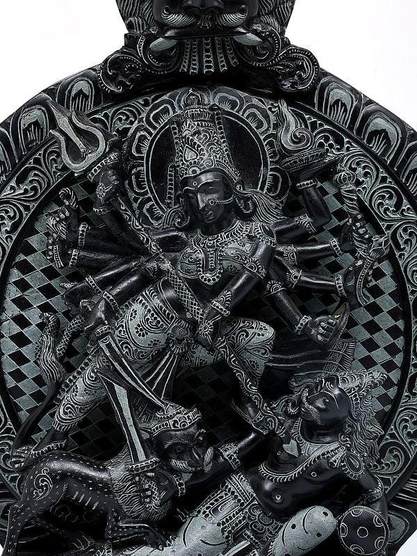 Exotic India 24" Mahishasuramardini (Goddess Durga) With Kirtimukha Prabhavali | Sand Stone Statue | Made In Orissa 