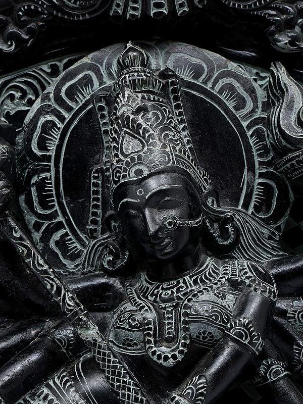Exotic India 24" Mahishasuramardini (Goddess Durga) With Kirtimukha Prabhavali | Sand Stone Statue | Made In Orissa 