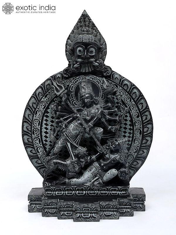 exotic india 24" Mahishasuramardini (Goddess Durga) with Kirtimukha Prabhavali | Sand Stone Statue | Made in Orissa 