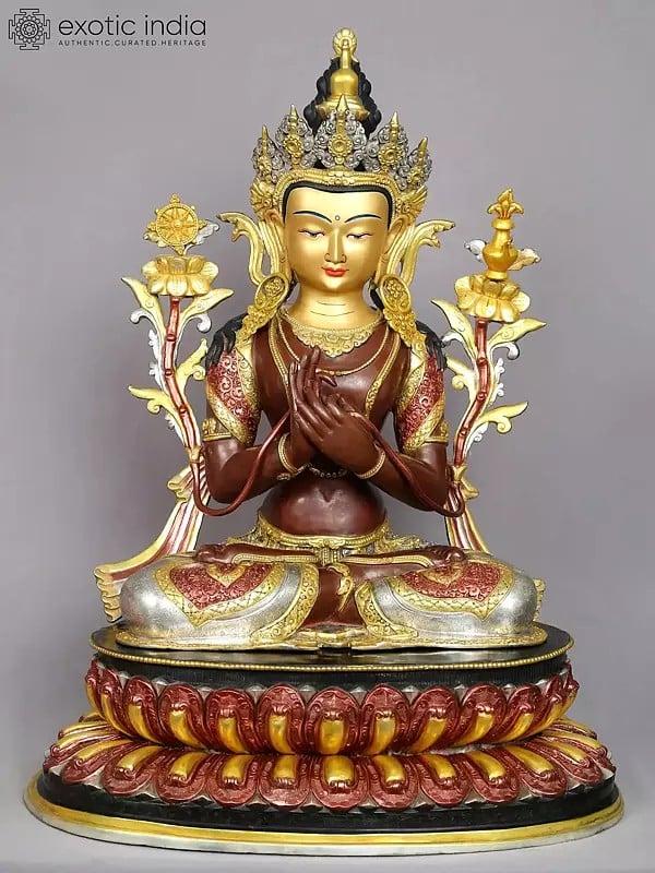 exotic india 24" Maitreya Buddha Copper Idol from Nepal | Tibetan Buddhist Deity Statue 