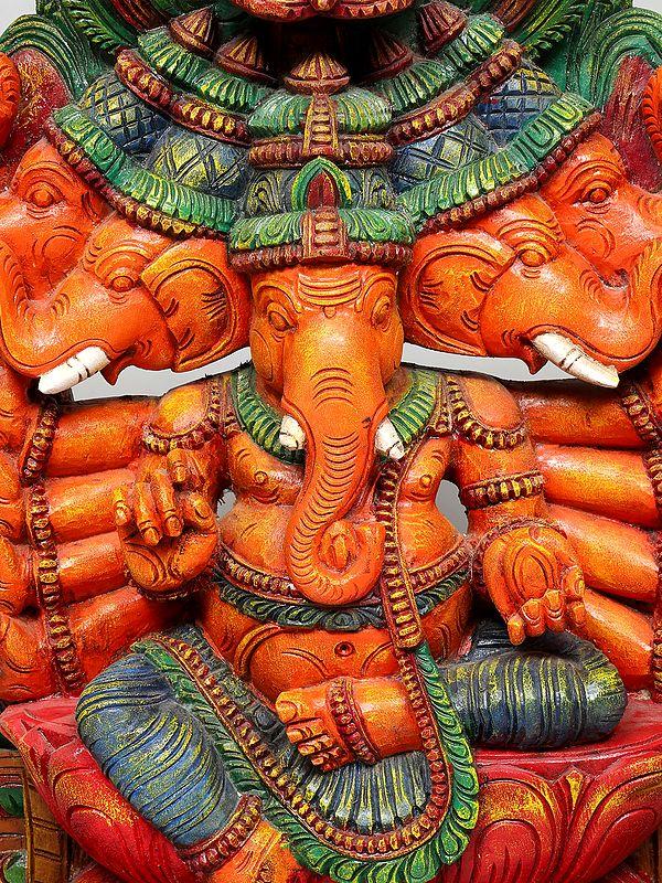 Exotic India 24" Panchamukhi Lord Ganesha Seated On Kirtimukha Throne | Wood Carving 