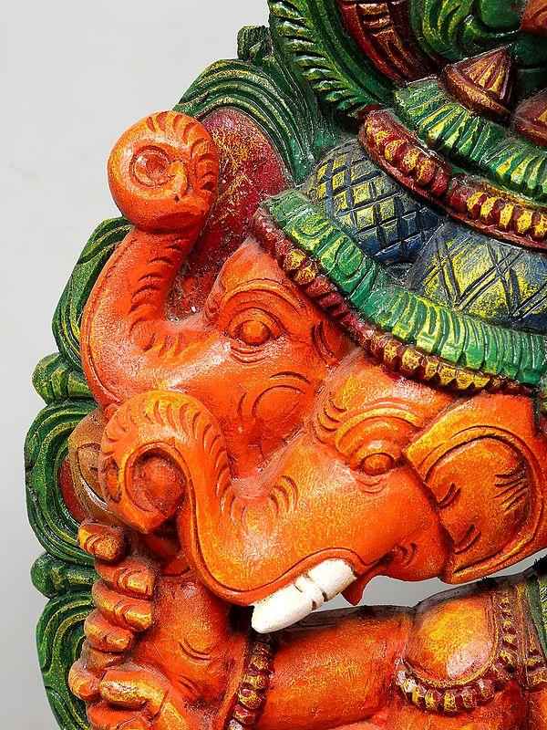 Exotic India 24" Panchamukhi Lord Ganesha Seated On Kirtimukha Throne | Wood Carving 