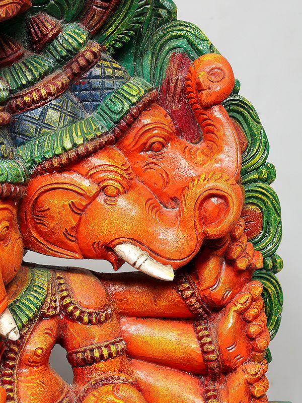 Exotic India 24" Panchamukhi Lord Ganesha Seated On Kirtimukha Throne | Wood Carving 