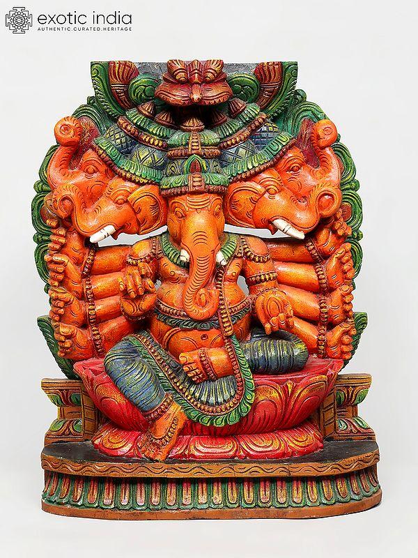 exotic india 24" Panchamukhi Lord Ganesha Seated on Kirtimukha Throne | Wood Carving 