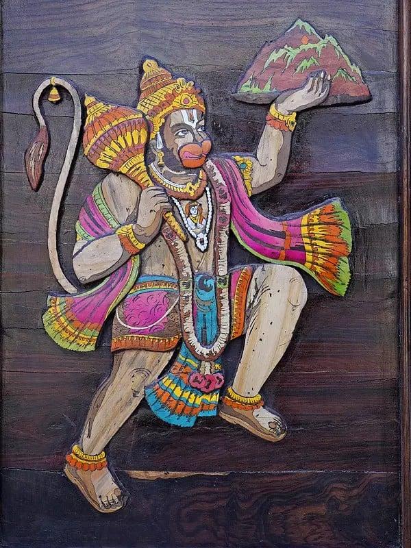 Exotic India 24" Sanjivani Hanuman | 3D Wall Panel In Rosewood With Inlay Work 