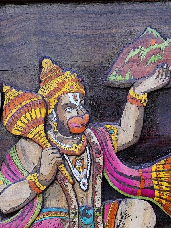 Exotic India 24" Sanjivani Hanuman | 3D Wall Panel In Rosewood With Inlay Work 