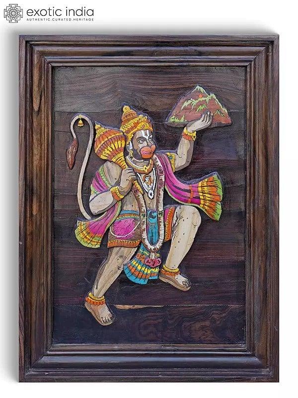 exotic india 24" Sanjivani Hanuman | 3D Wall Panel in Rosewood with Inlay Work 