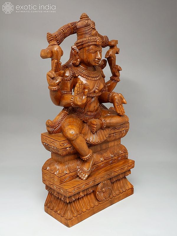 Exotic India 24" Sitting Lord Shiva As Pashupatinath | Wood Carving 