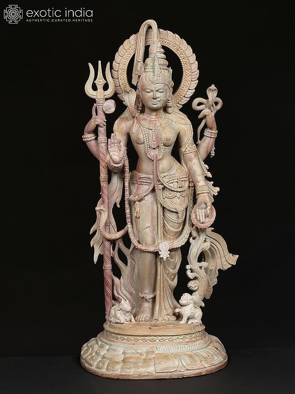 exotic india 24" Standing Ardhanarishvara (Shiva-Shakti) | Pink Stone Statue | Made In Orissa 