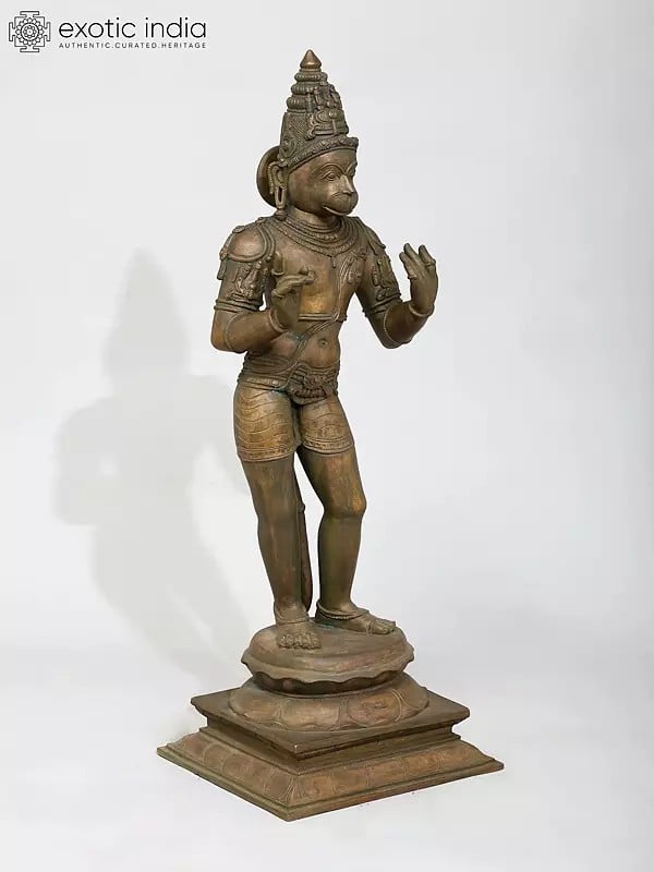 Exotic India 24" Standing Lord Hanuman | Madhuchista Vidhana (Lost-Wax) | Panchaloha Bronze From Swamimalai 