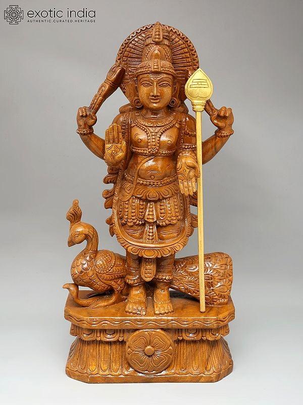 exotic india 24" Standing Lord Murugan (Karttikeya) | Wood Carving 
