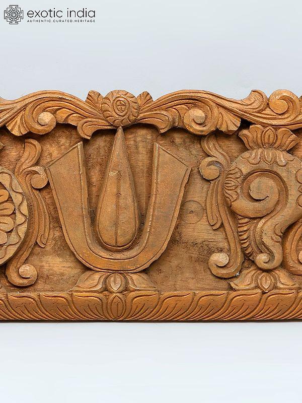 Exotic India 24" Vaishnava Symbols - Chakra Tilak And Conch | Wood Carved Wall Hanging Panel 