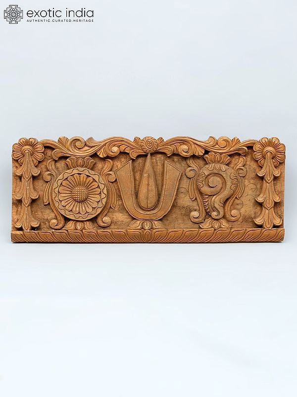 exotic india 24" Vaishnava Symbols - Chakra Tilak and Conch | Wood Carved Wall Hanging Panel 