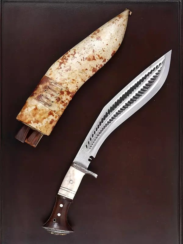 Exotic India 24" Wood Framed Iron Khukuri | Wall Hanging Statue 