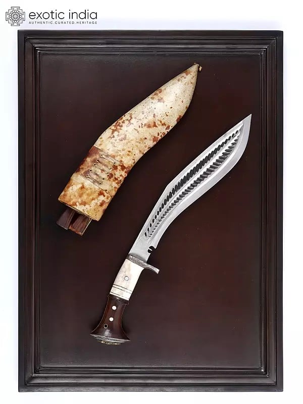 exotic india 24" Wood Framed Iron Khukuri | Wall Hanging Statue 