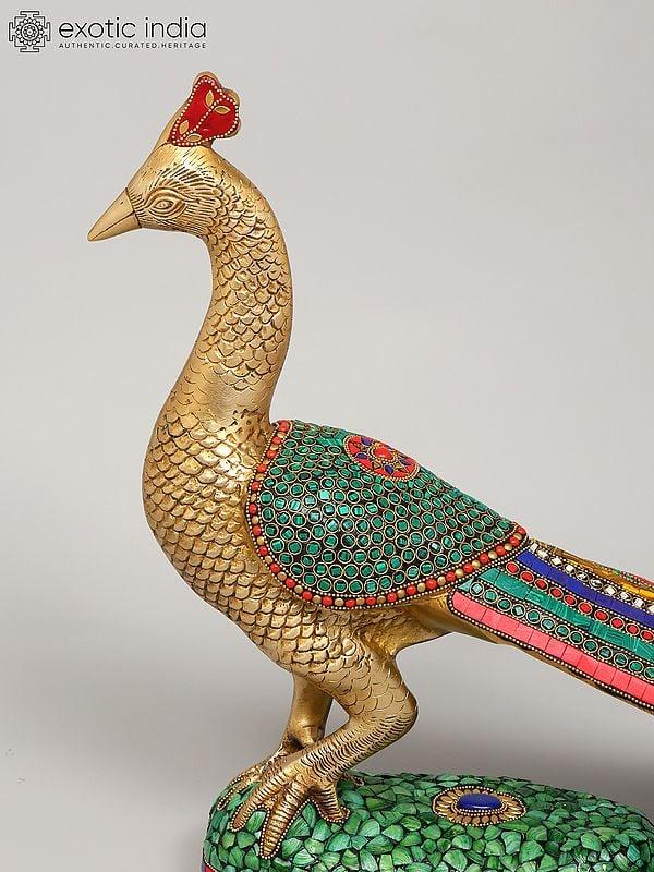 Exotic India 25" Beautiful Peacock | Brass Statue With Inlay Work | Home Decor 