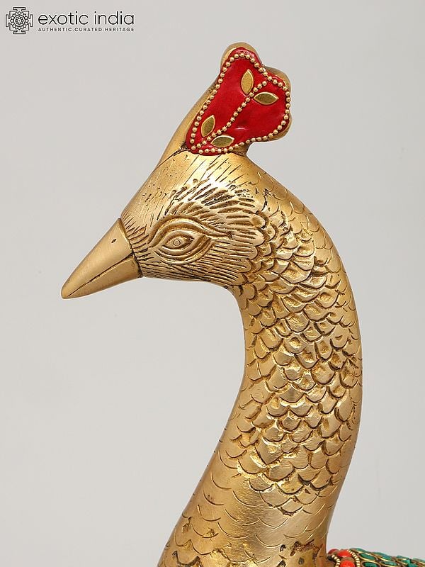 Exotic India 25" Beautiful Peacock | Brass Statue With Inlay Work | Home Decor 