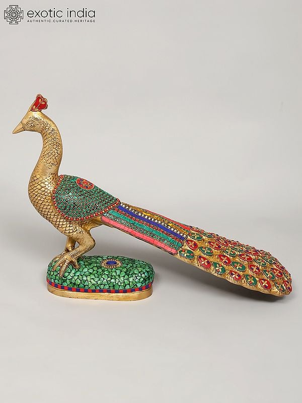 exotic india 25" Beautiful Peacock | Brass Statue with Inlay Work | Home Decor 