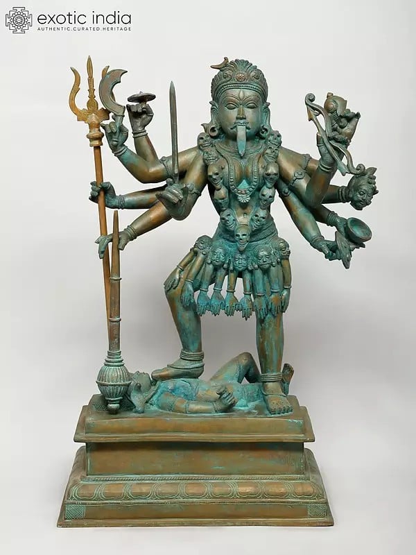 exotic india 25" Goddess Kali Standing on Lord Shiva | Madhuchista Vidhana (Lost-Wax) | Panchaloha Bronze from Swamimalai 