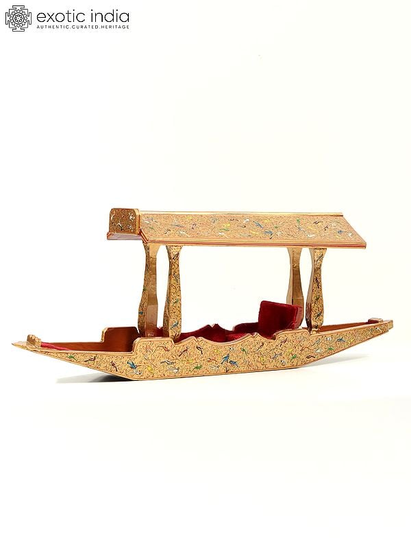Exotic India 25" Hand Painted Wood Based Papier Mache Kashmiri Shikara Boat | Home Decor 