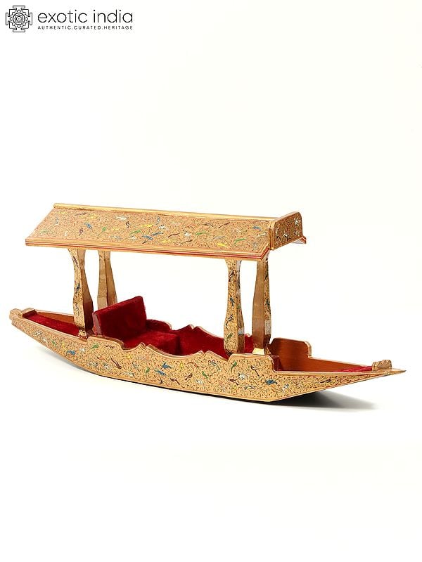 Exotic India 25" Hand Painted Wood Based Papier Mache Kashmiri Shikara Boat | Home Decor 
