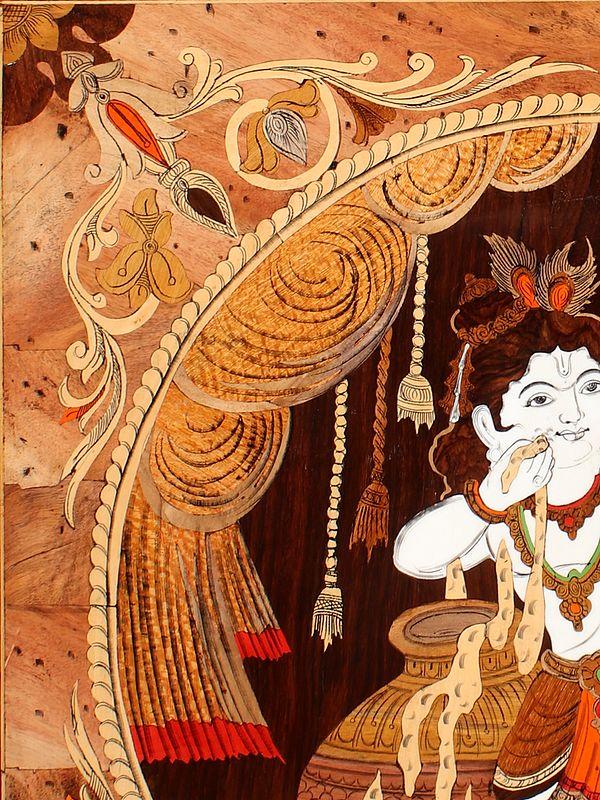 Exotic India 25" Little Krishna As Makhan Chor | Natural Color On Wood Panel With Inlay Work 