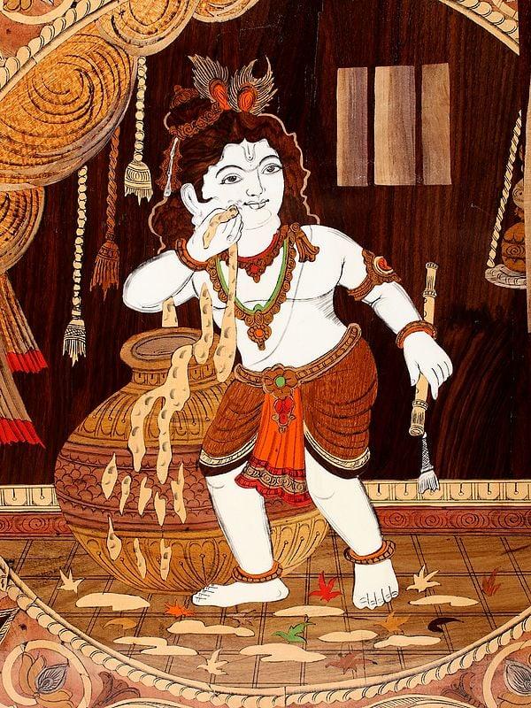 Exotic India 25" Little Krishna As Makhan Chor | Natural Color On Wood Panel With Inlay Work 