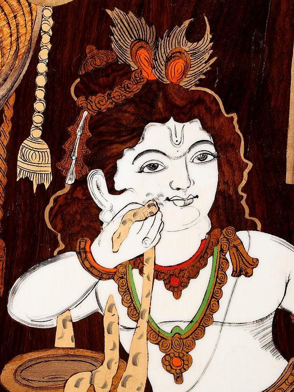Exotic India 25" Little Krishna As Makhan Chor | Natural Color On Wood Panel With Inlay Work 