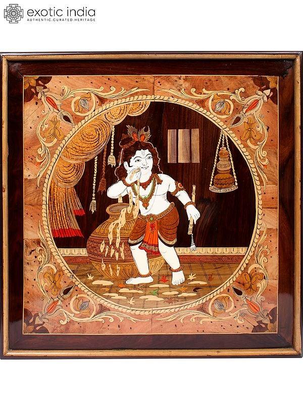 exotic india 25" Little Krishna As Makhan Chor | Natural Color On Wood Panel With Inlay Work 