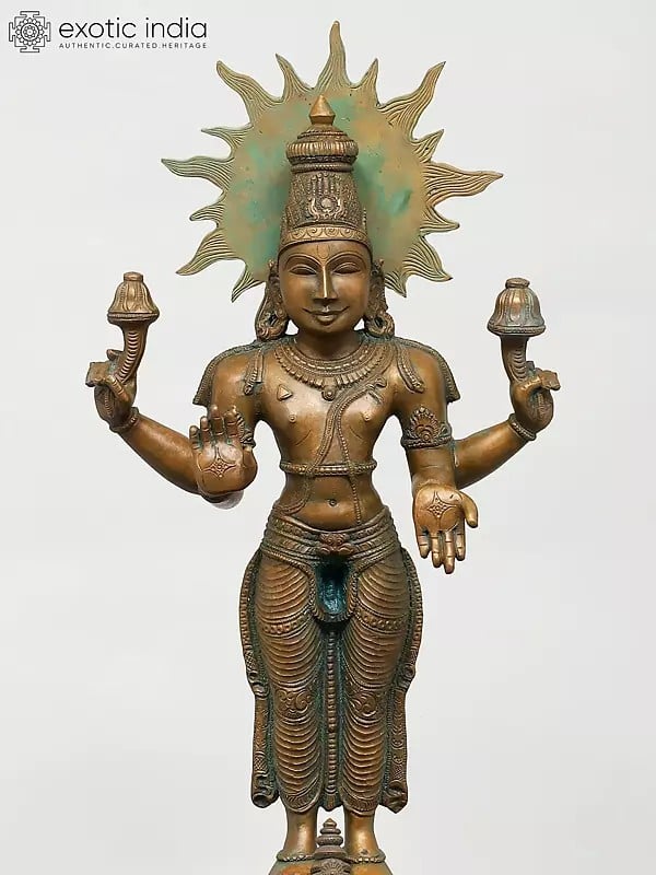Exotic India 25" Lord Surya Standing On His Seven Horses Chariot | Madhuchista Vidhana (Lost-Wax) | Panchaloha Bronze From Swamimalai 