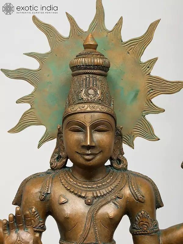 Exotic India 25" Lord Surya Standing On His Seven Horses Chariot | Madhuchista Vidhana (Lost-Wax) | Panchaloha Bronze From Swamimalai 