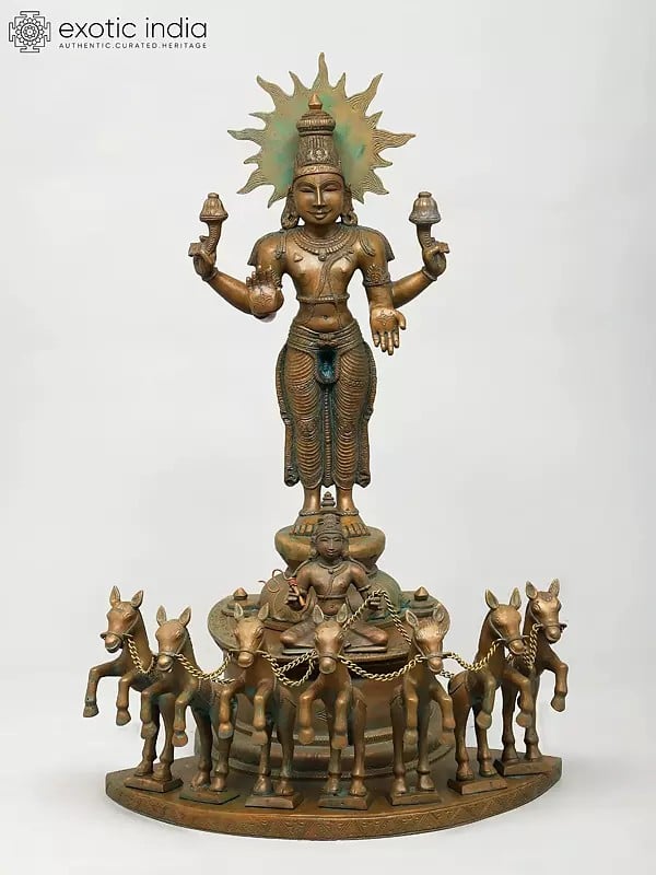 exotic india 25" Lord Surya Standing on His Seven Horses Chariot | Madhuchista Vidhana (Lost-Wax) | Panchaloha Bronze from Swamimalai 